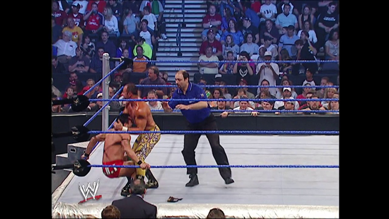 A frame from WWE SmackDown (April 29, 2004) at 24:52. A WWE wrestler in gold and red attire performs in the ring while a referee in blue oversees the match. The crowd fills the stadium bleachers behind the blue-roped ring, with the WWE logo visible in the corner.
