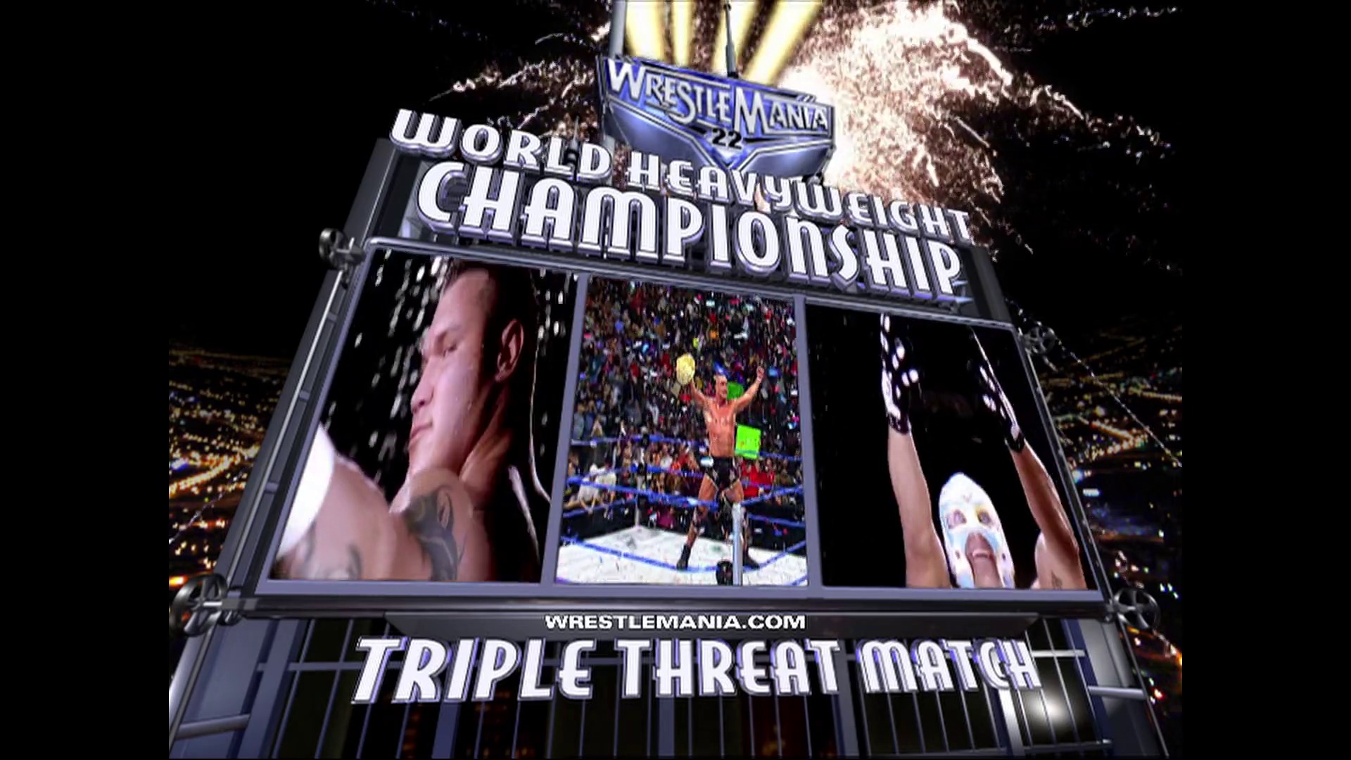 A frame from WWE SmackDown (March 24, 2006) at 1:14:24. A WrestleMania 22 graphics display features the World Heavyweight Championship Triple Threat Match announcement, with wrestler images and a packed stadium crowd visible on the large screen above the wrestling ring.