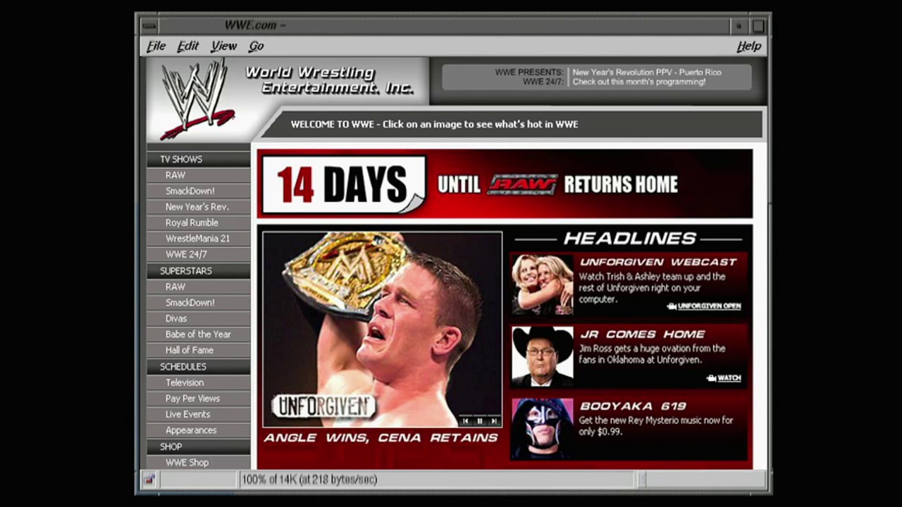 A frame from WWE Raw (September 19, 2005) at 13:33. A WWE website homepage displays a countdown to RAW's return, featuring Kurt Angle holding the WWE Championship belt. The left sidebar lists TV shows and schedules, while the right side shows headlines about upcoming events including Unforgiven and Rey Mysterio content.