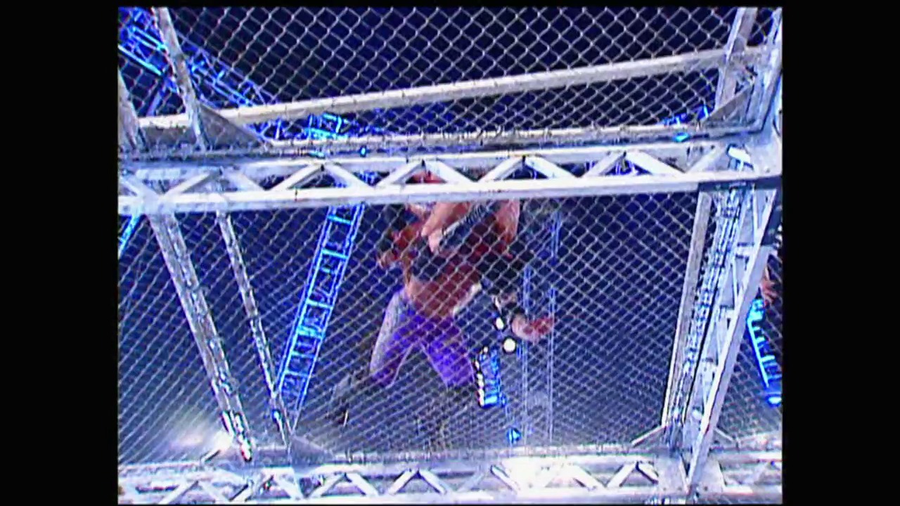 A frame from WWE Bad Blood (2004) at 0:40. # WWE Bad Blood 2004 - Hell in a Cell Match

A wrestler in red and dark attire is captured mid-action inside the iconic Hell in a Cell steel cage structure, with chain-link fencing and metal framework visible throughout the frame during an intense wrestling match.