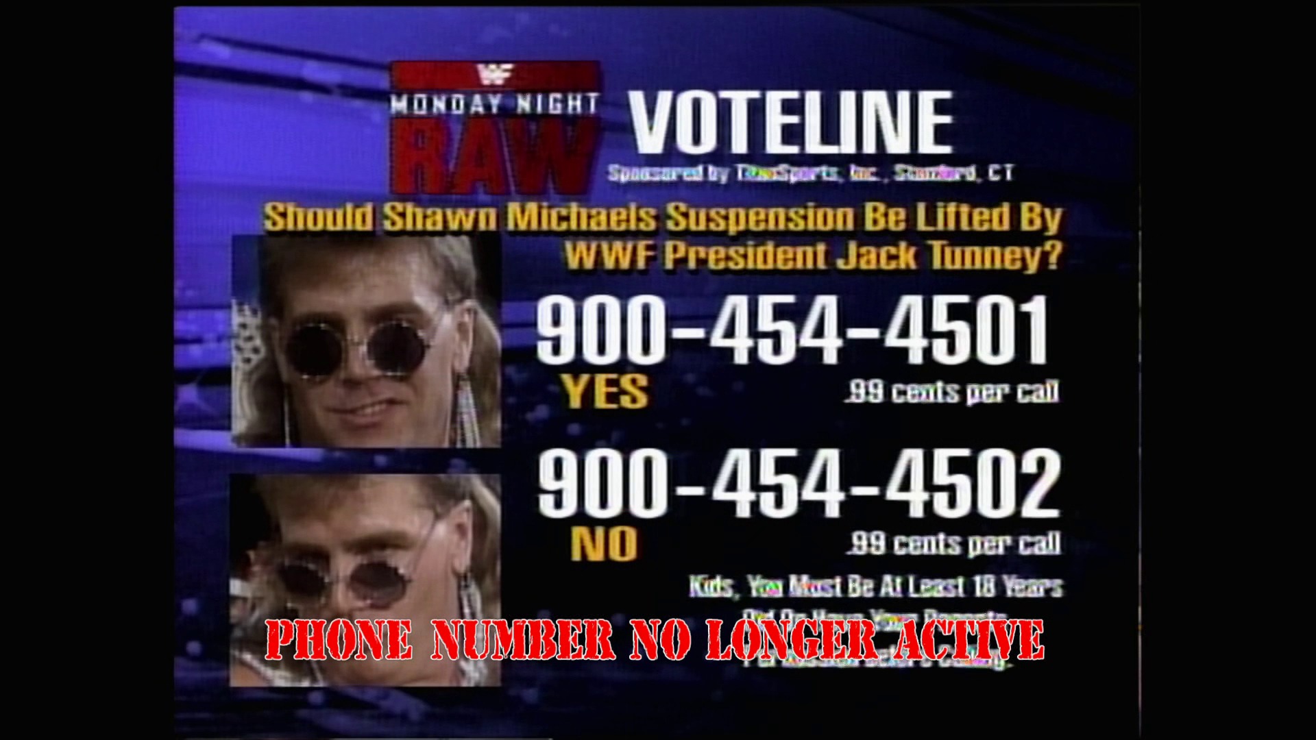 A frame from WWE Raw (October 18, 1993) at 8:30. A WWE Monday Night Raw voteline graphic displays two images of Shawn Michaels wearing sunglasses, asking whether his suspension should be lifted by WWF President Jack Tunney, with voting options and phone numbers shown.