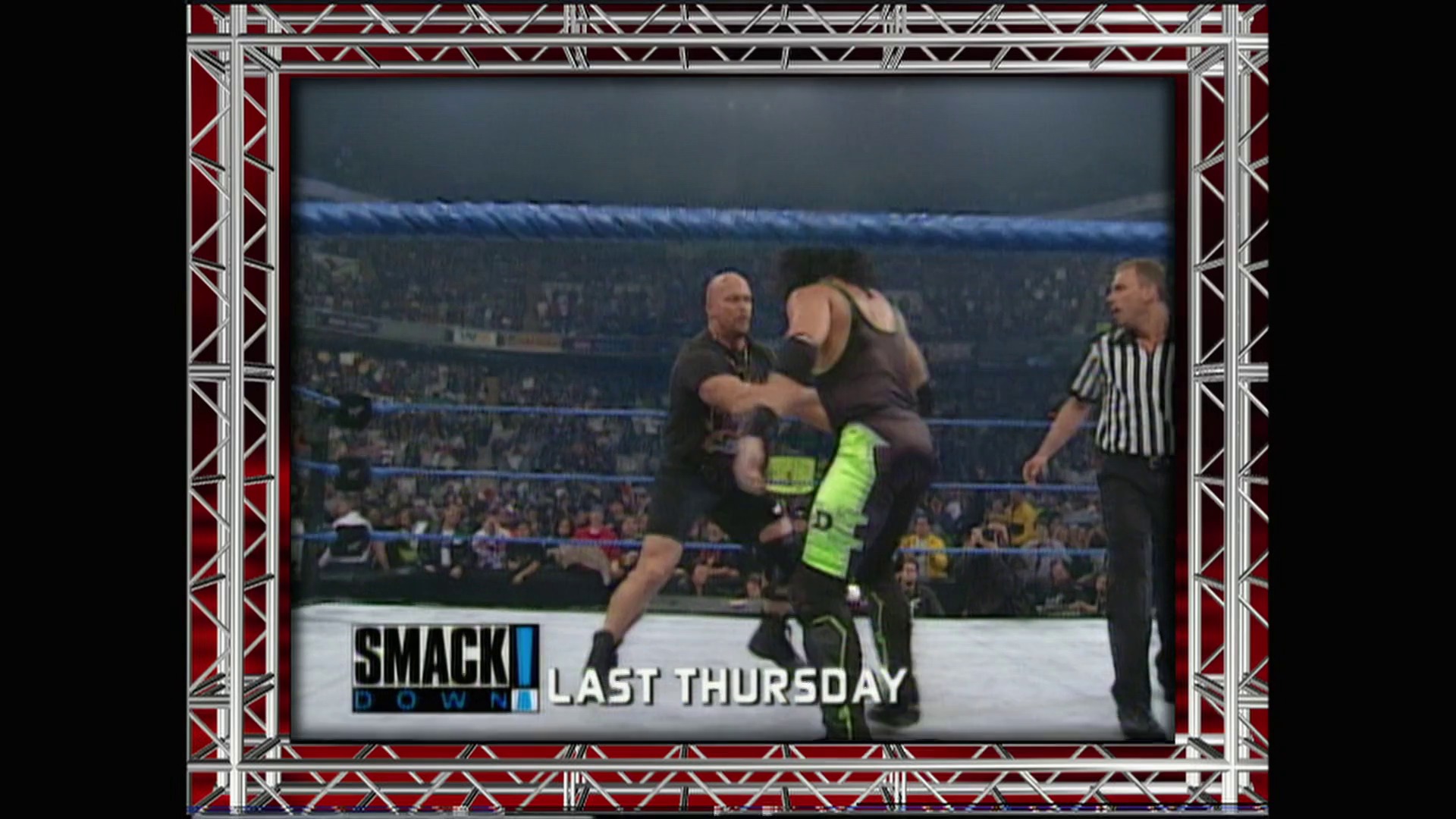 A frame from WWE Raw (October 2, 2000) at 56:42. A WWE wrestler in neon green and black attire is lifted by an opponent in the ring during SmackDown, with a referee in striped shirt visible and a packed crowd in the background. The broadcast frame displays the WWE logo and "LAST THURSDAY" caption at the bottom.
