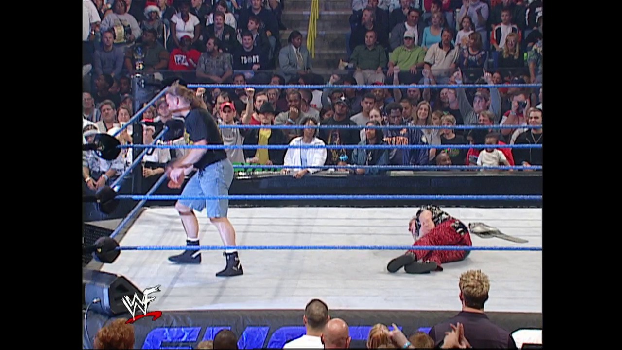 A frame from WWE SmackDown (December 20, 2001) at 49:34. # WWE SmackDown Ring Action

A wrestler in light blue attire stands in the ring while another wrestler in red lies on the mat. The blue-roped wrestling ring is surrounded by an engaged crowd, with the WWF logo visible in the lower left corner.