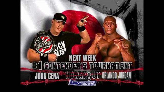 A frame from WWE SmackDown (February 4, 2005) at 1:25:31. Two wrestlers are featured in a promotional graphic for a "#1 Contender's Tournament" match on WWE SmackDown, with John Cena on the left wearing a black shirt and cap, and Orlando Jordan shirtless on the right, set against the Japanese flag backdrop.