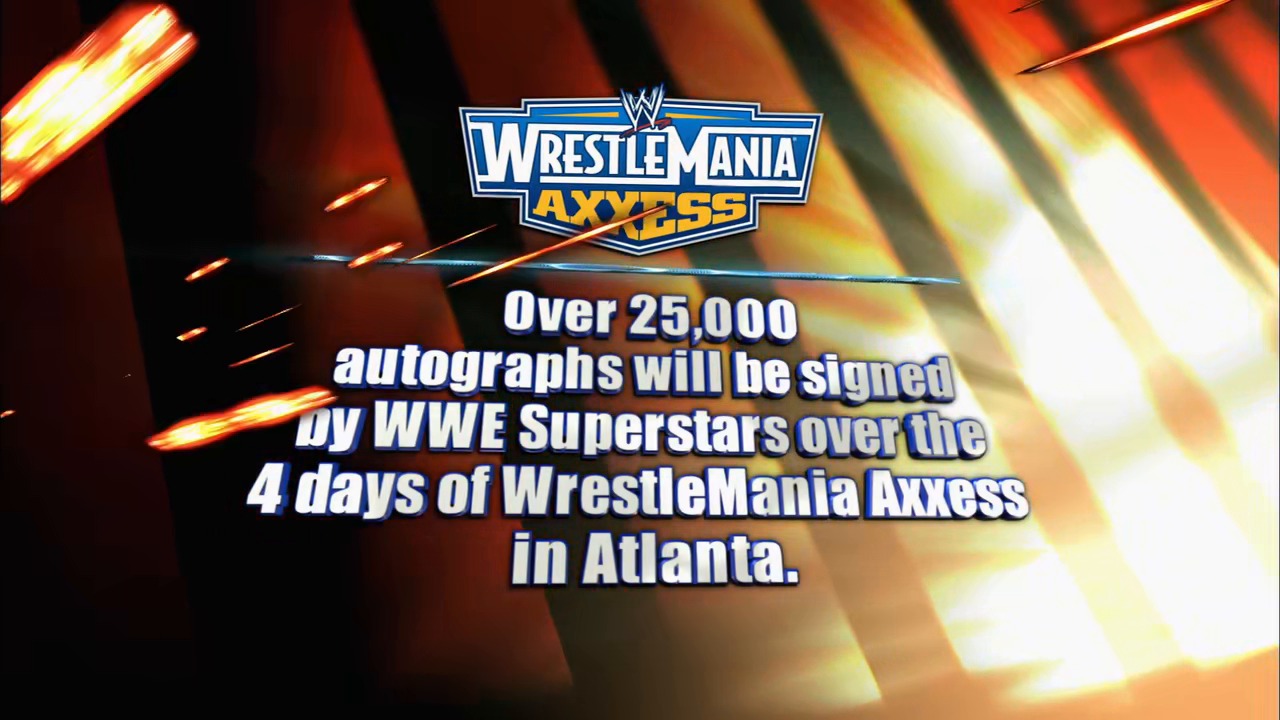 A frame from WWE Raw (February 21, 2011) at 25:50. A promotional graphic for WrestleMania Axxess displays the WWE logo against a dynamic orange and gold background with streaking light effects. White text announces that over 25,000 autographs will be signed by WWE Superstars during the 4-day event in Atlanta.