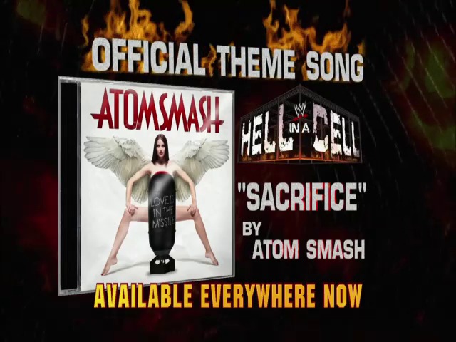 A frame from WWE SmackDown (September 24, 2010) at 25:01. A promotional graphic displays the Atom Smash album cover alongside WWE Hell in a Cell branding, advertising "Sacrifice" as the official theme song available everywhere now, set against a fiery background.