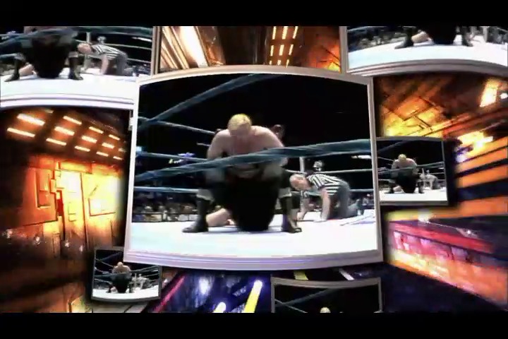 A frame from WWE Raw (July 11, 2011) at 0:05. A wrestling match unfolds in a WWE ring surrounded by multiple video screens displaying the action, with a referee officiating and the crowd visible in the background under bright arena lighting.