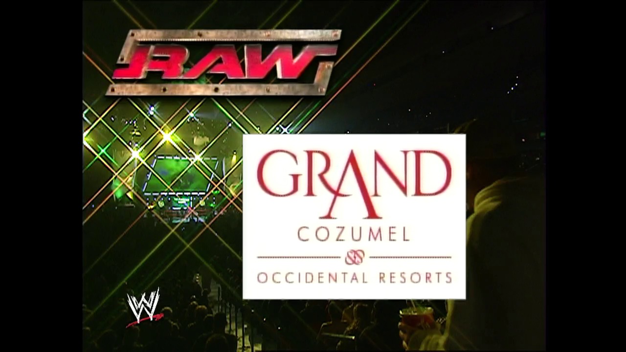 A frame from WWE Raw (May 2, 2005) at 53:12. WWE Raw logo appears at the top in red lettering, with a Grand Cozumel Occidental Resorts advertisement displayed prominently on a white banner overlay against a dynamic green and gold geometric background.