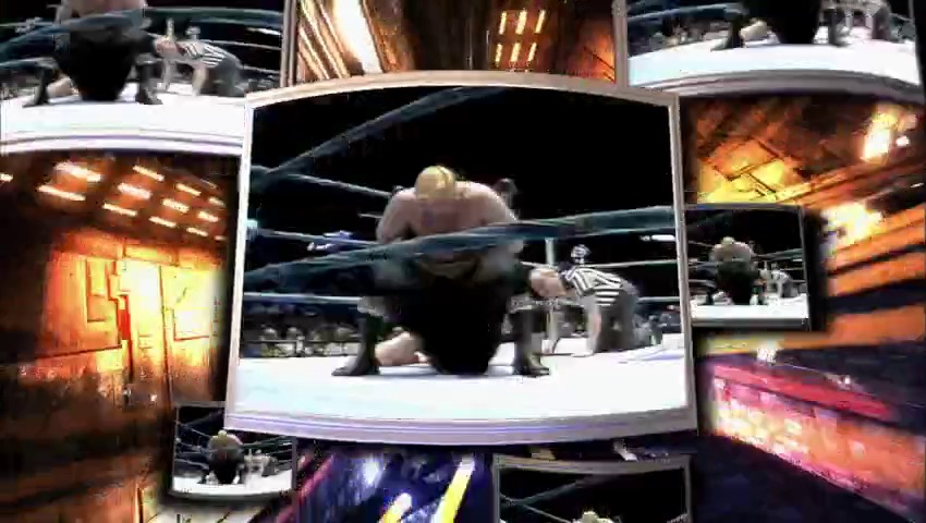 A frame from WWE Raw (November 14, 2011) at 0:05. A wrestling match unfolds in a WWE ring with two wrestlers engaged in combat, surrounded by a crowd. Multiple screens display various angles of the action and arena views with warm lighting effects.