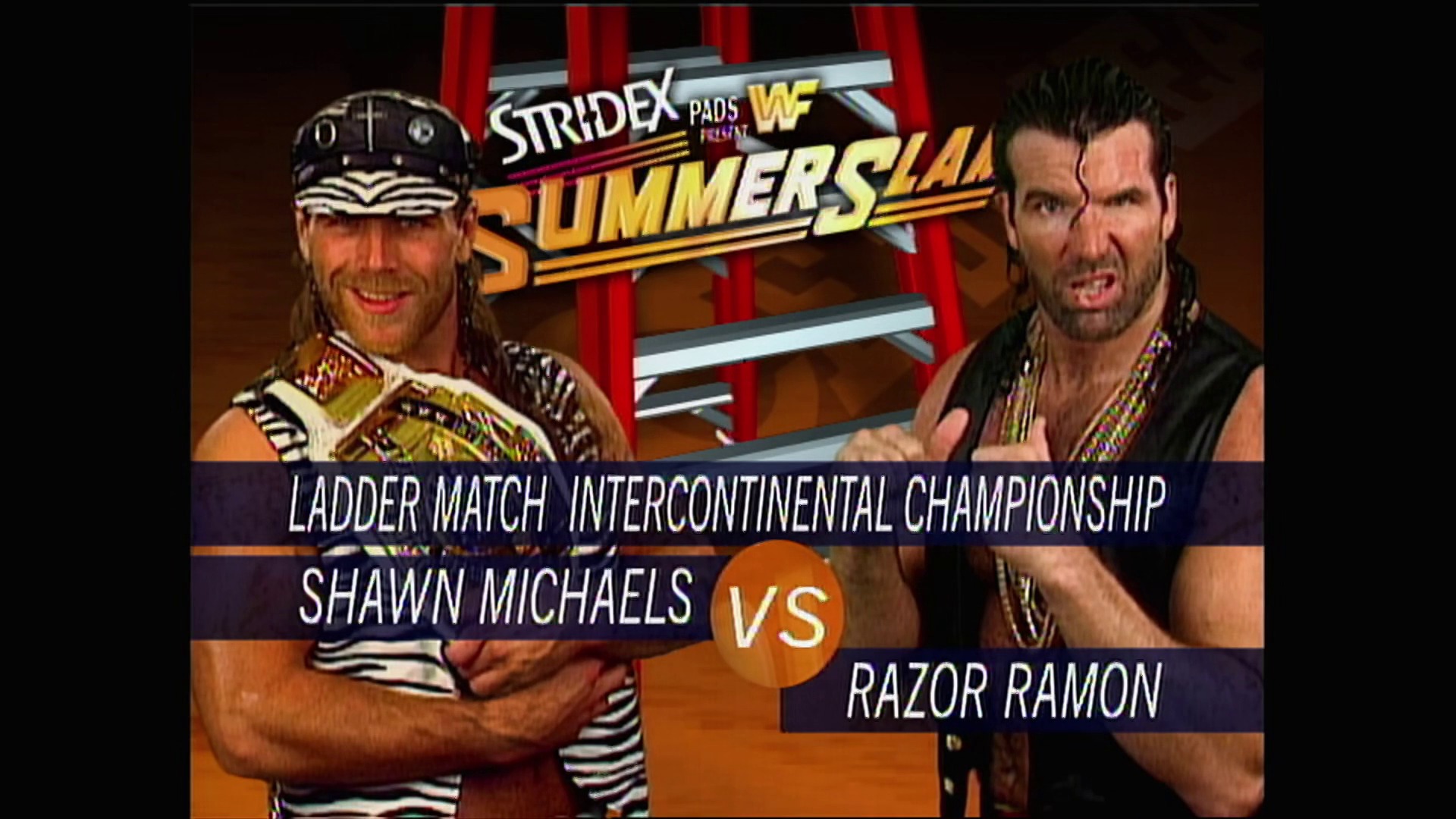 A frame from WWE Raw (August 7, 1995) at 26:33. A WWE SummerSlam promotional graphic displays two wrestlers facing off: Shawn Michaels (left, wearing a striped outfit and championship belt) versus Razor Ramon (right, in black attire). The match is billed as a Ladder Match for the Intercontinental Championship.