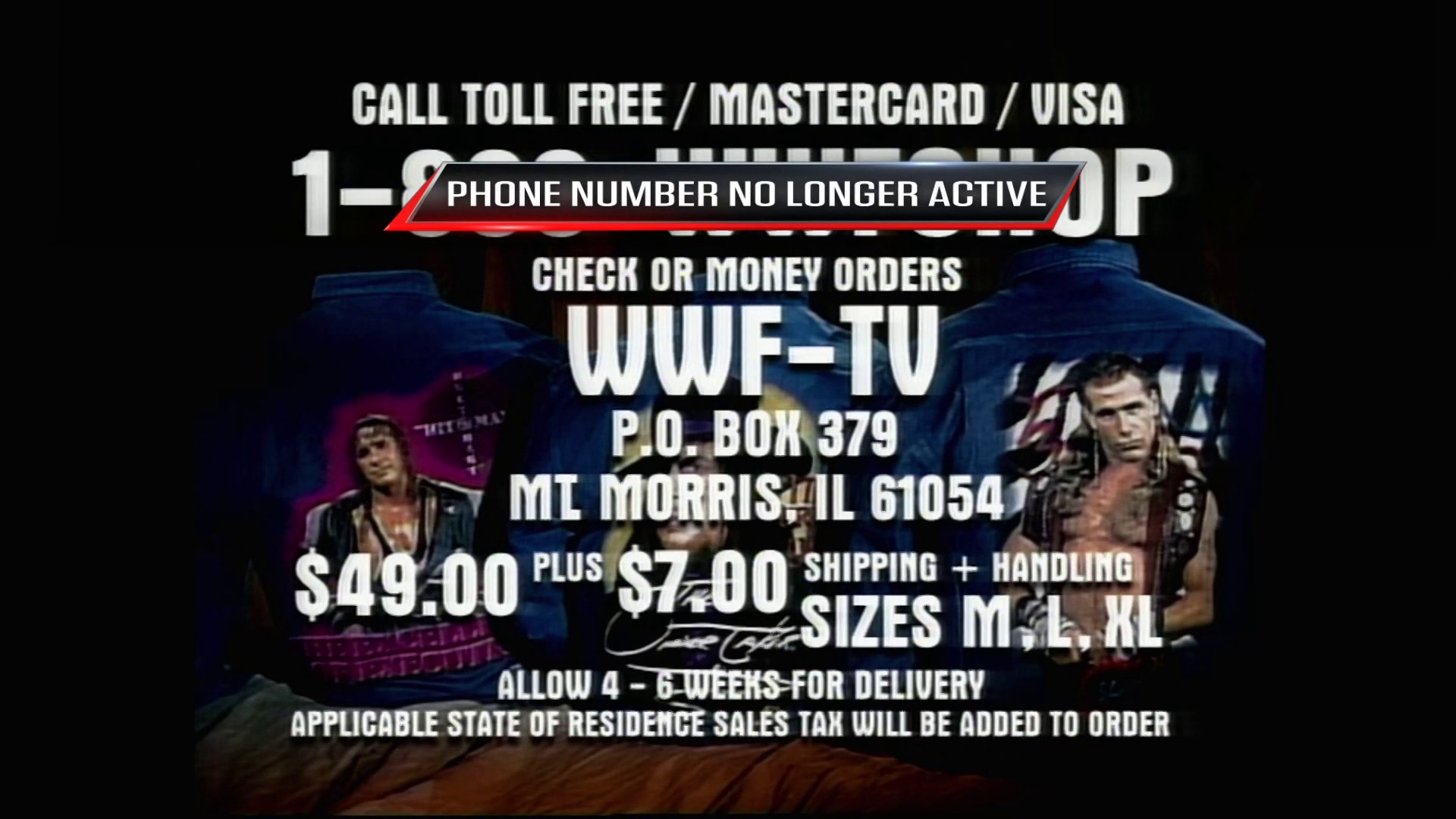 A frame from WWE Raw (October 7, 1996) at 13:22. A vintage WWE merchandise advertisement featuring two wrestlers in promotional attire against a dark background, with text displaying pricing ($49.00 plus $7.00 shipping), ordering details, and a mailing address for WWF-TV merchandise.