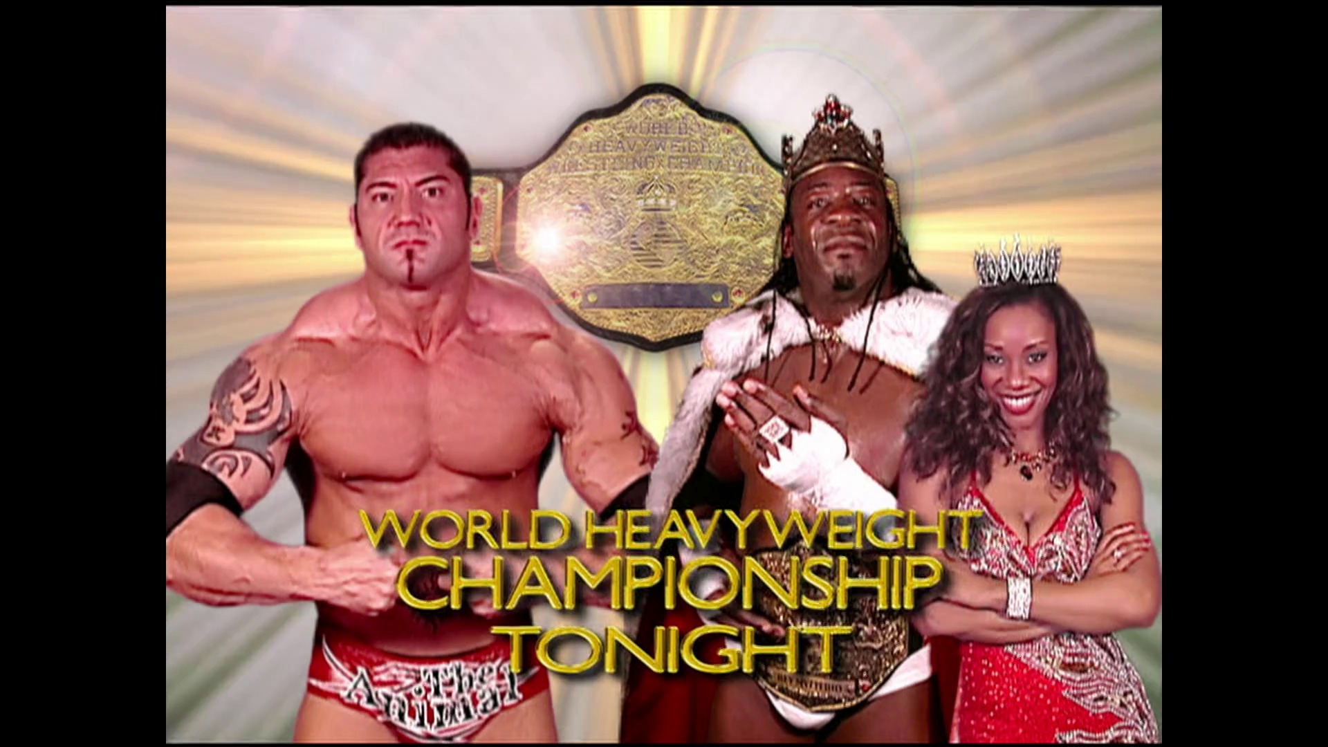 A frame from WWE SmackDown (September 8, 2006) at 36:24. # Visual Description

A WWE SmackDown promotional graphic features two wrestlers flanking a championship belt, with a woman in formal attire on the right. Yellow text announces "WORLD HEAVYWEIGHT CHAMPIONSHIP TONIGHT" against a golden, radiating background.