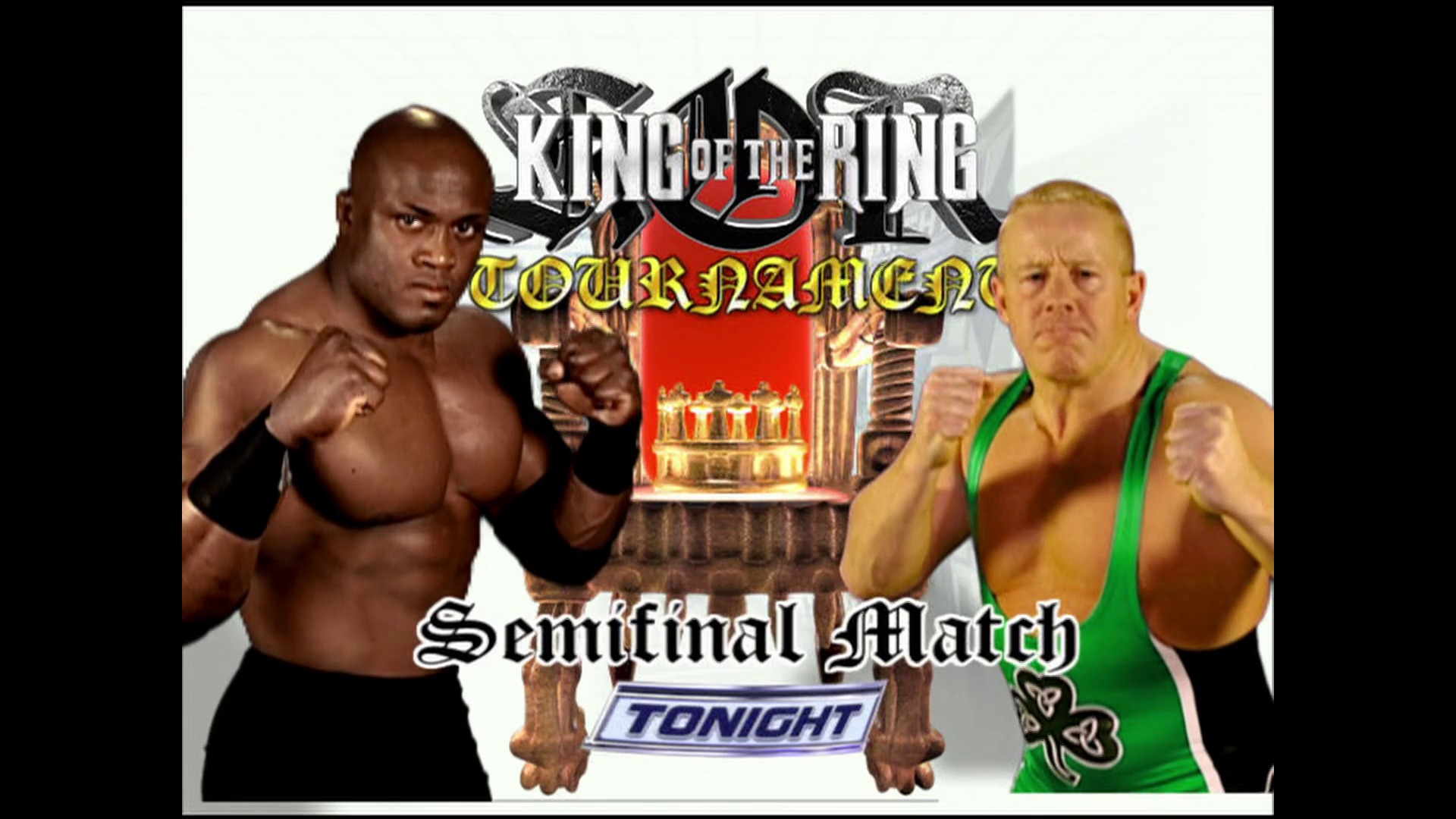 A frame from WWE SmackDown (May 12, 2006) at 12:14. A WWE SmackDown promotional graphic features two wrestlers in fighting stances flanking the "King of the Ring Tournament" logo with a throne centerpiece, advertising a semifinal match airing tonight.