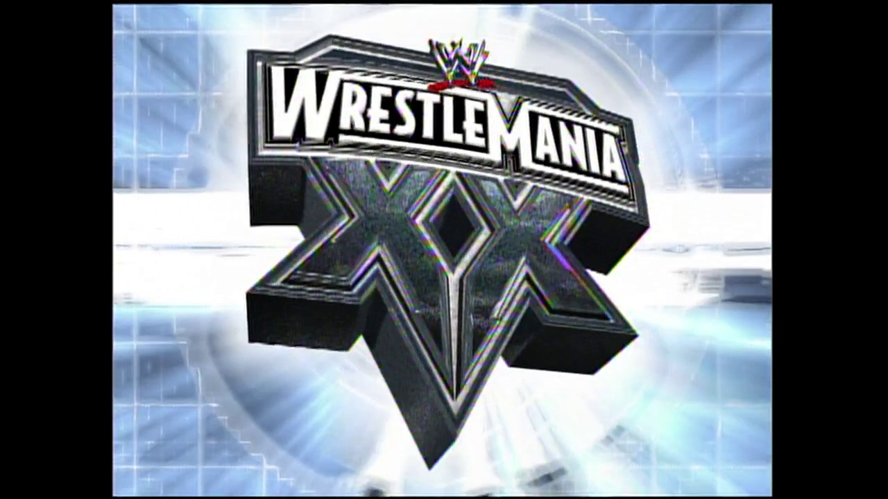 A frame from WWE Raw (June 23, 2003) at 1:21:46. # WrestleMania XX Logo

A 3D metallic logo for "WrestleMania XX" is displayed against a bright, futuristic blue background with digital grid patterns and light effects. The WWE crown symbol appears at the top of the graphic.