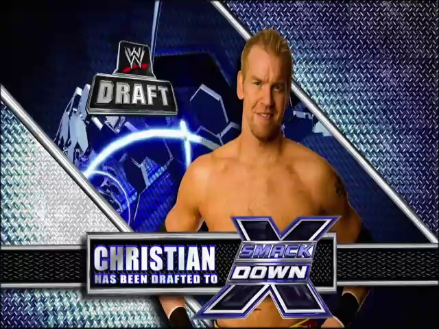 A frame from WWE SmackDown (April 30, 2010) at 0:47. A shirtless wrestler appears on screen during a WWE SmackDown draft segment, with blue and silver graphics displaying "Christian" and "SmackDown" text overlaid on a metallic diamond plate background.