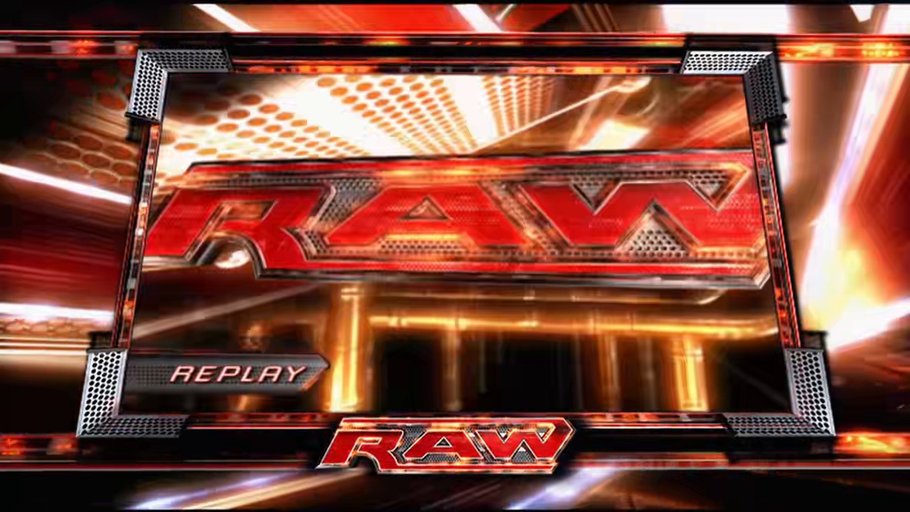 A frame from WWE Raw (April 2, 2007) at 1:28:40. # WWE Raw Broadcast Frame

A dynamic WWE Raw title card features the iconic red "RAW" logo with metallic accents, surrounded by glowing orange and white lighting effects. The "REPLAY" label appears in the lower left corner, with the RAW branding repeated at the bottom of the frame against an energetic, motion-filled background.