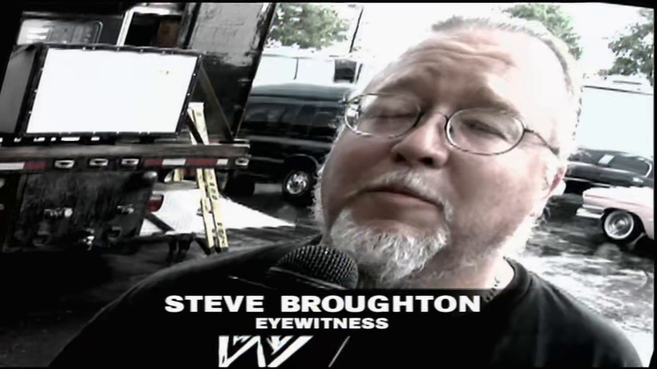 A frame from WWE Raw (June 18, 2007) at 0:38. An older man wearing glasses is interviewed outdoors in a parking lot with vehicles visible in the background. A microphone is positioned near his face, and the text overlay identifies him as "Steve Broughton - Eyewitness" with a WWE logo.