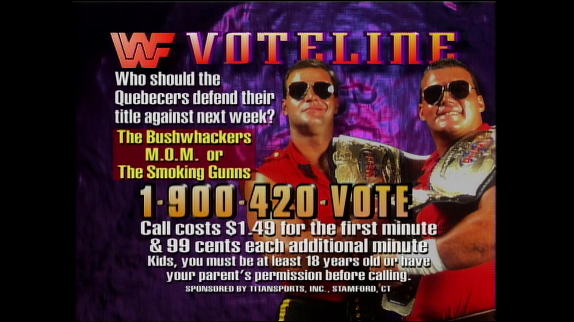 A frame from WWE Raw (April 4, 1994) at 36:47. A WWF VoteLiine graphic features two sunglasses-wearing wrestlers in red attire against a purple backdrop, promoting a phone-in vote for which tag team should defend the Quebecers' title, with the 1-900 number and call costs displayed below.