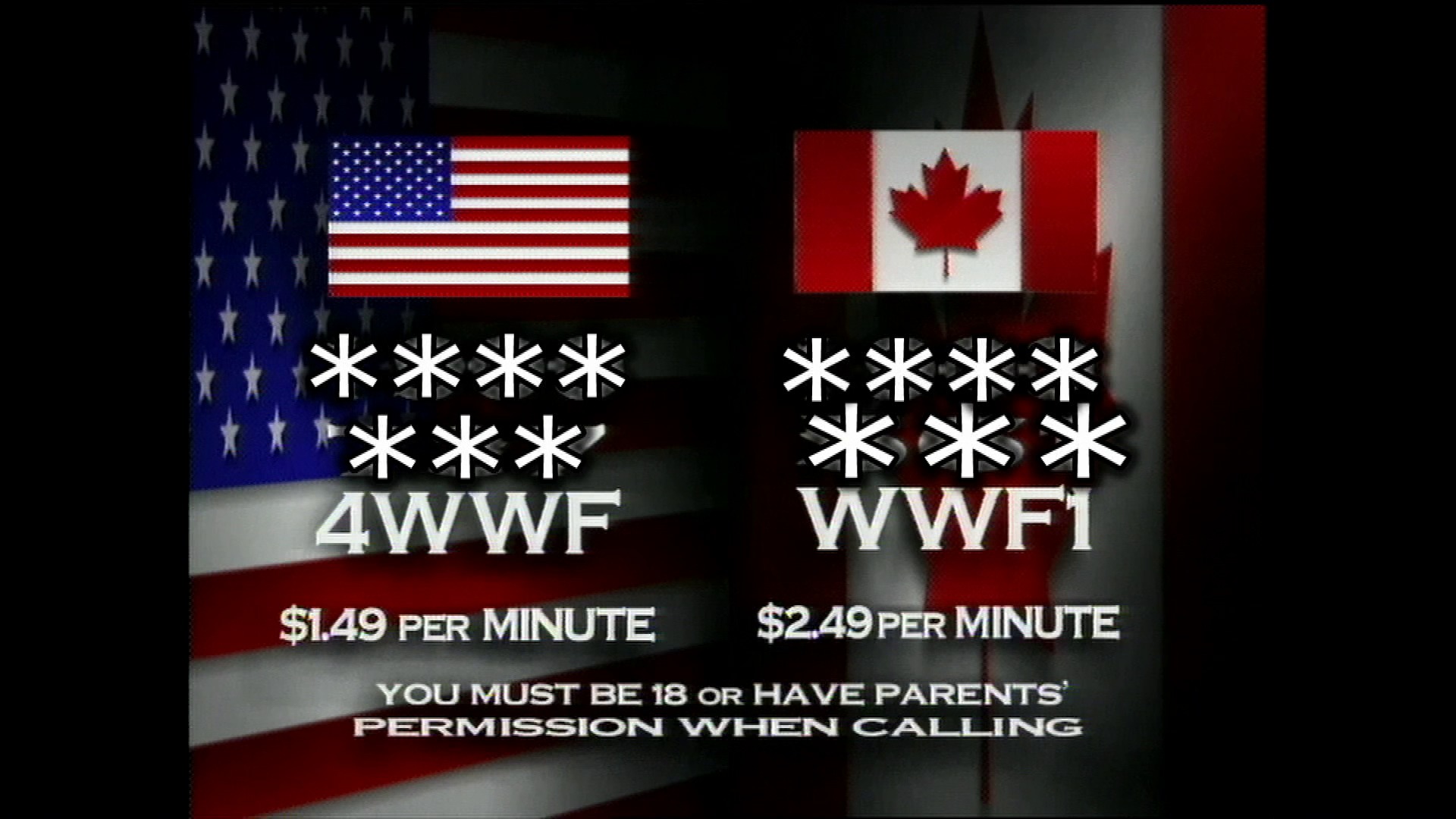 A frame from WWE Raw (June 2, 1997) at 47:53. A wrestling broadcast graphic displays two phone line options with the US and Canadian flags, advertising premium call-in services at $1.49 and $2.49 per minute respectively, with age restriction notices at the bottom.