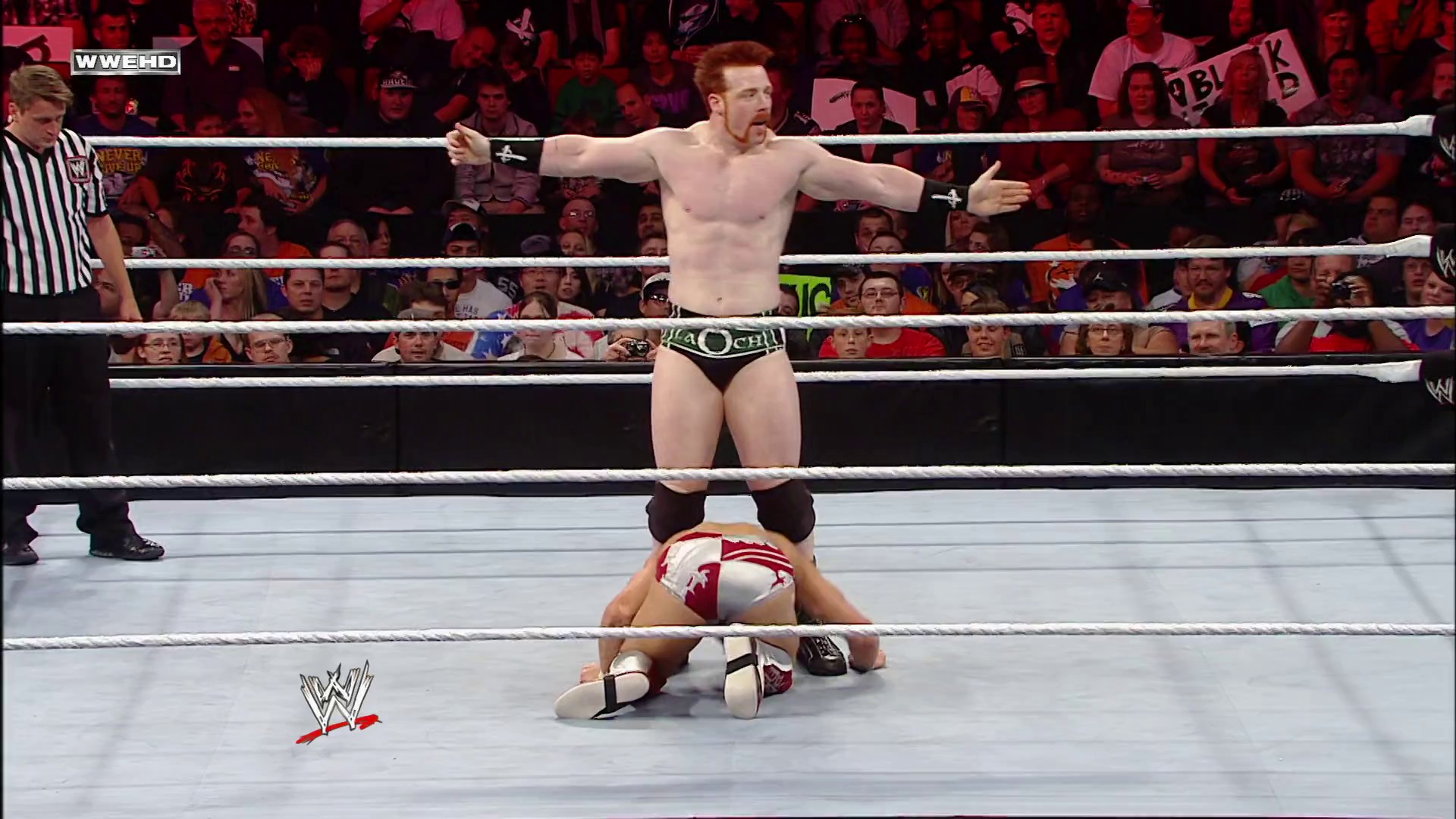 A frame from WWE Raw (October 11, 2010) at 54:45. A WWE wrestler stands victorious with arms outstretched in the ring while an opponent lies on the mat below. The crowd fills the arena in the background as a referee watches the match unfold.