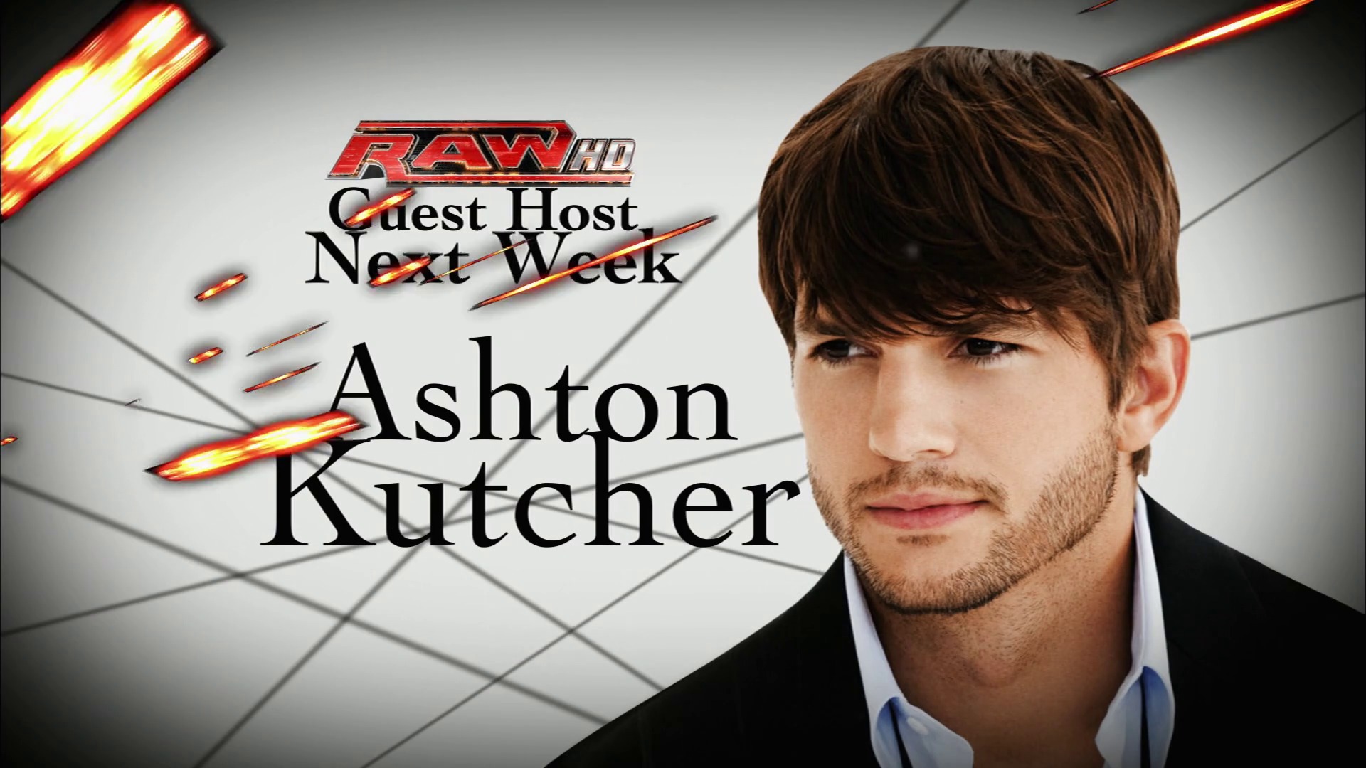 A frame from WWE Raw (May 24, 2010) at 1:14:18. A promotional graphic for WWE Raw HD features Ashton Kutcher as the guest host next week, with his headshot on the right side against a gray background with red lightning bolt graphics and the Raw logo at the top.