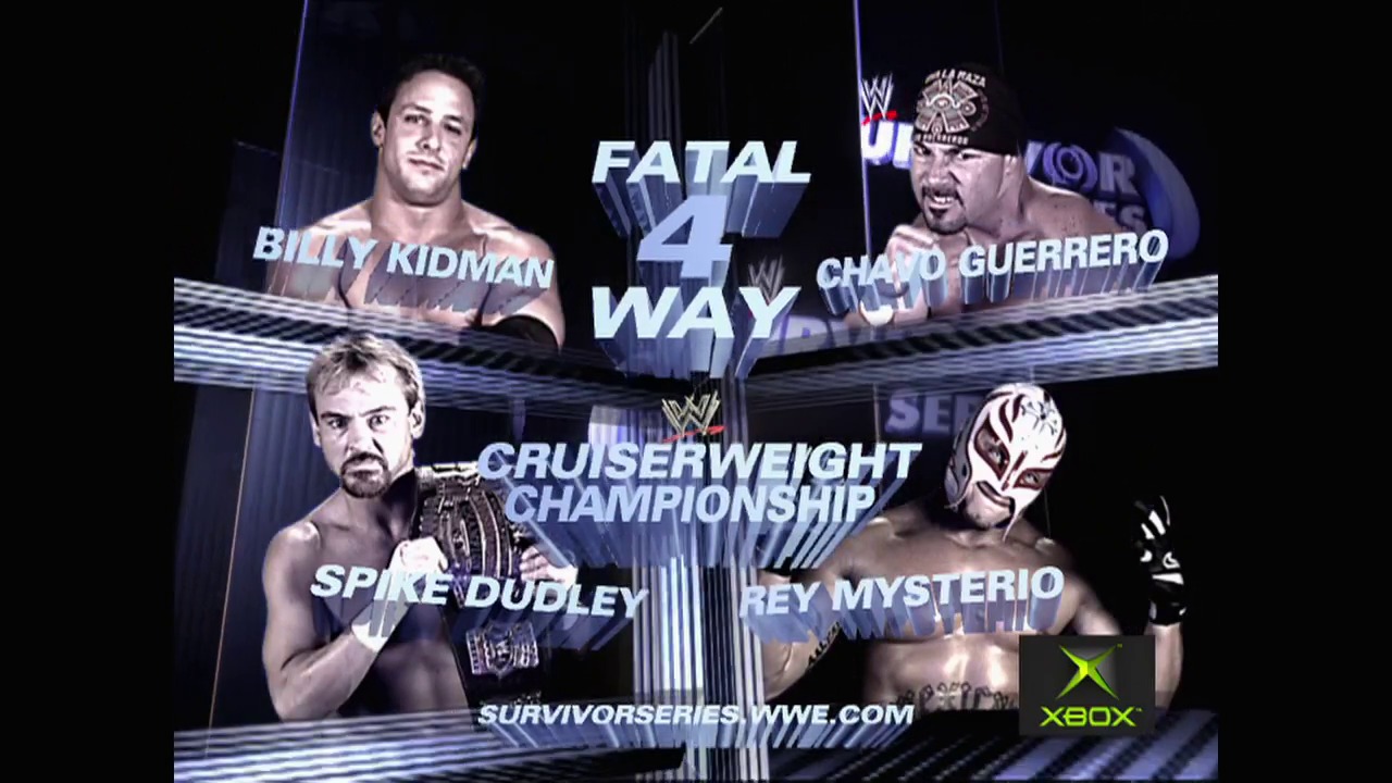 A frame from WWE Raw (November 8, 2004) at 1:05:18. A WWE promotional graphic displays four wrestlers for Fatal 4-Way matches at Survivor Series, featuring Billy Kidman vs. Chavo Guerrero and Spike Dudley vs. Rey Mysterio for the Cruiserweight Championship, with the WWE and Xbox logos visible.