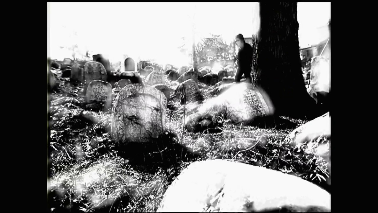A frame from WWE Judgment Day (2003) at 0:24. I can see this is actually a black and white photograph of a cemetery or graveyard with multiple headstones visible among overgrown grass and vegetation. A person in dark clothing stands in the background near the graves. This doesn't appear to be from a WWE event, but rather a historical cemetery photograph.