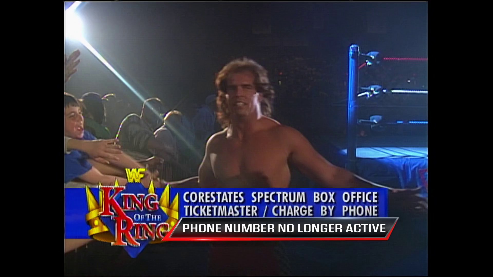 A frame from WWE Raw (May 15, 1995) at 26:47. A shirtless wrestler stands in the WWF ring while an audience member reaches toward him from ringside. The "King of the Ring" logo and ticket information graphic are displayed at the bottom of the screen.