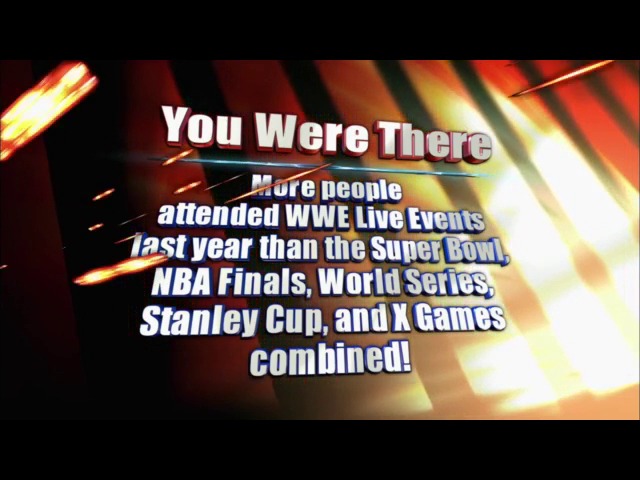 A frame from WWE Raw (May 16, 2011) at 50:05. A dramatic WWE broadcast graphic displays white text reading "You Were There" over a fiery orange and red background with lighting effects, promoting WWE's massive attendance compared to major sports events.