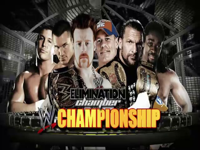 A frame from WWE SmackDown (February 5, 2010) at 12:48. # WWE SmackDown Elimination Chamber Promo

Six professional wrestlers are featured in this promotional graphic for a WWE Championship match at Elimination Chamber. The image displays the competitors against an urban cityscape backdrop, with bold yellow championship text and WWE branding emphasizing the high-stakes nature of the event.