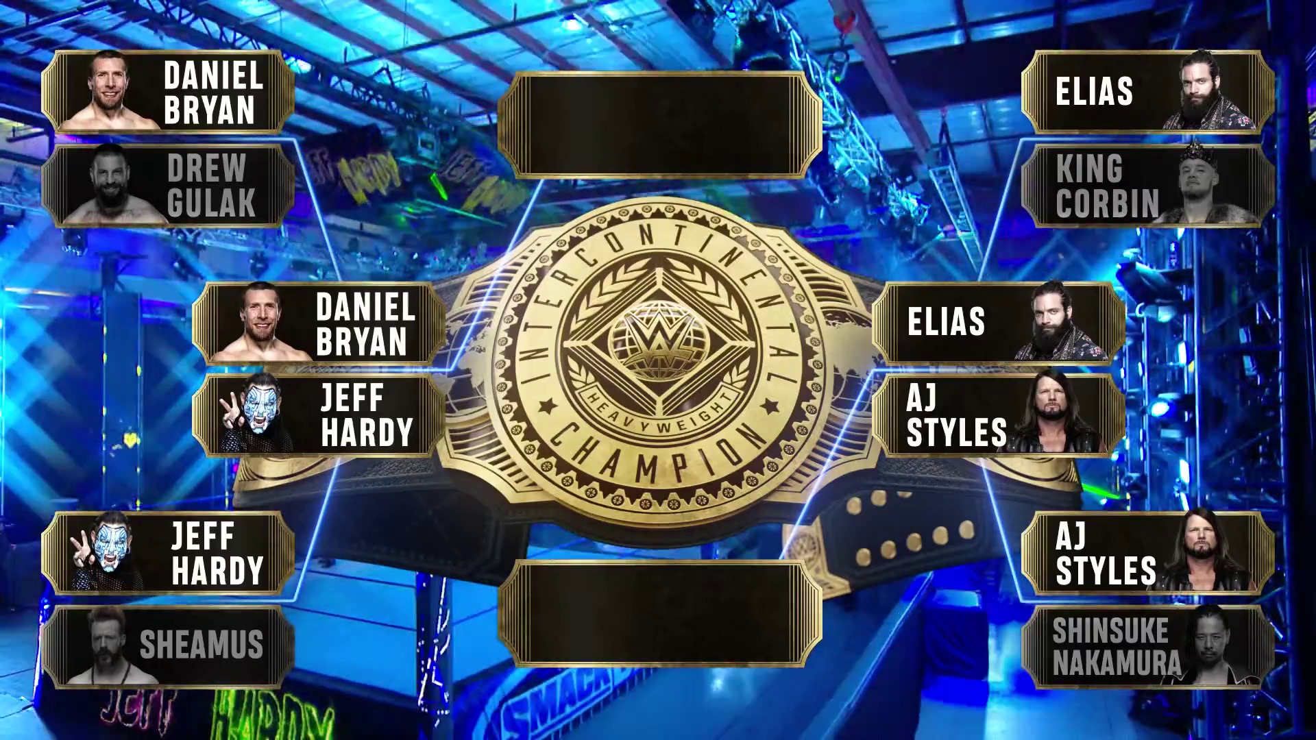 A frame from WWE SmackDown (May 22, 2020) at 1:25:08. A WWE Championship tournament bracket displays eight wrestlers competing for the title, with the gold championship belt prominently featured in the center against a blue-lit arena backdrop.