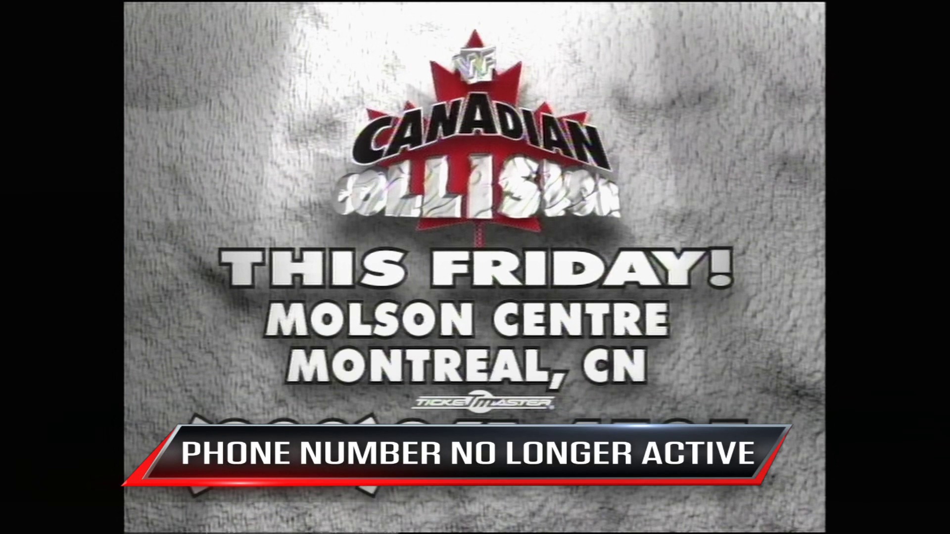 A frame from WWE Raw (June 9, 1997) at 1:24:11. A promotional graphic for Canadian Bulldog wrestling event at Montreal's Molson Centre features the red maple leaf logo, event details for Friday, and a disclaimer that a phone number is no longer active.