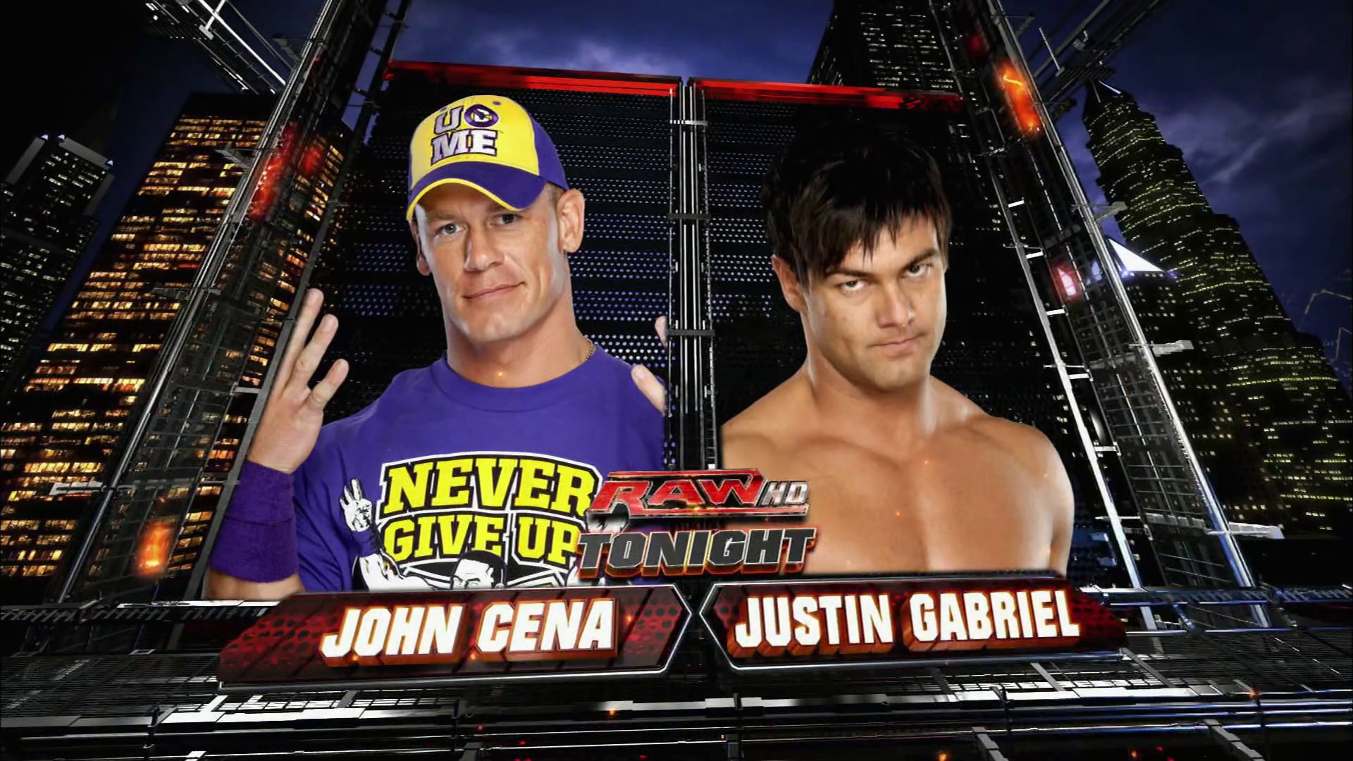 A frame from WWE Raw (September 6, 2010) at 25:41. Two wrestlers are displayed on a graphic for WWE Raw HD: John Cena in purple attire with a "Never Give Up" cap on the left, and Justin Gabriel shirtless on the right. The cityscape backdrop and event branding frame the matchup announcement.