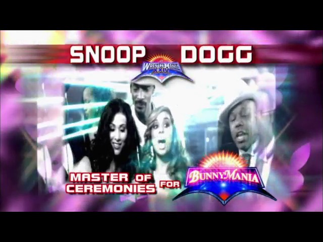 A frame from WWE Raw (March 3, 2008) at 50:25. A promotional graphic for WrestleMania XXIV features Snoop Dogg as Master of Ceremonies, displaying his image alongside other performers against a vibrant purple and pink backdrop with wrestling event logos.