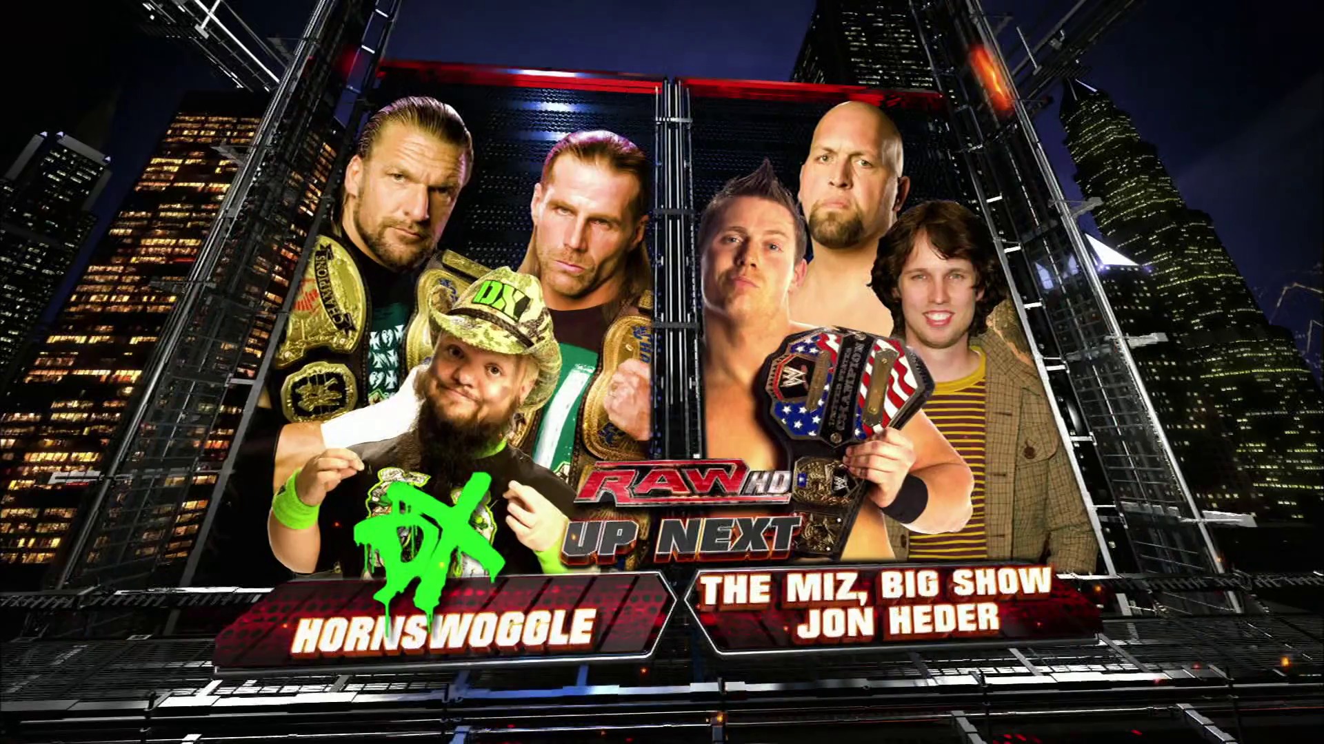 A frame from WWE Raw (January 18, 2010) at 1:19:20. A WWE Raw promotional graphic displays two teams of wrestlers against a nighttime cityscape backdrop. The image labels "Hornswoggle" on the left and "The Miz, Big Show, Jon Heder" on the right, with championship belts visible and the "Raw HD" and "Up Next" branding.