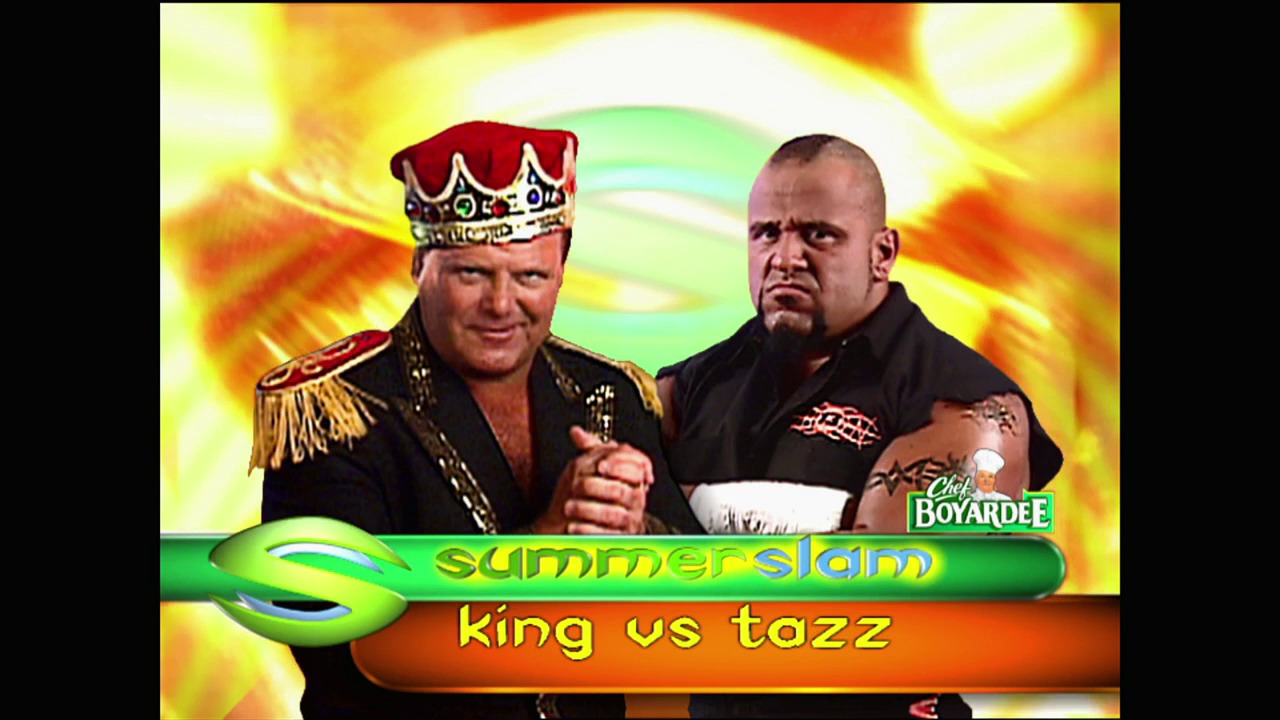 A frame from WWE SmackDown (August 17, 2000) at 1:06:41. Two wrestlers are featured in this WWE SmackDown promotional graphic: one wearing an ornate red and gold crown with elaborate shoulder armor on the left, and another in black attire on the right. The "SummerSlam" event banner and "King vs Tazz" match graphic appear below them against a vibrant yellow and orange background.
