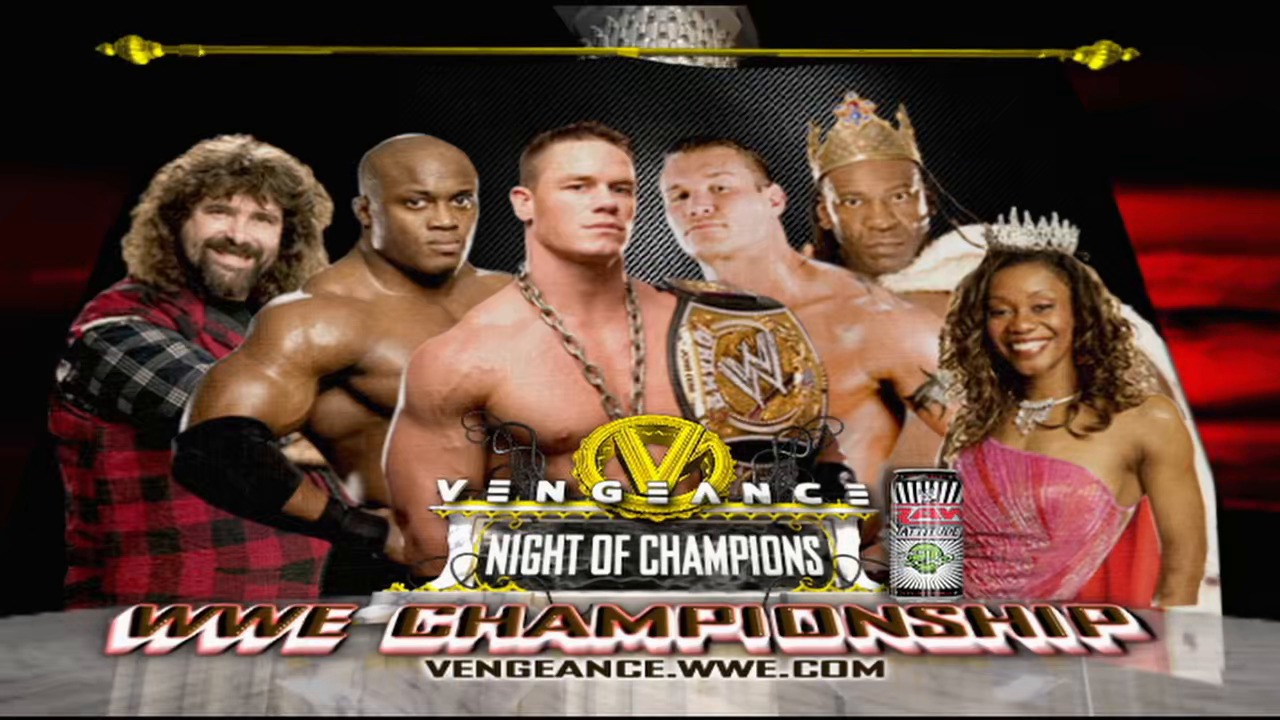 A frame from WWE Raw (June 18, 2007) at 1:27:30. A promotional graphic for WWE's "Vengeance: Night of Champions" event features six wrestlers posed against a dark background with red lighting. The image displays the event logo, championship belt, and website URL at the bottom.