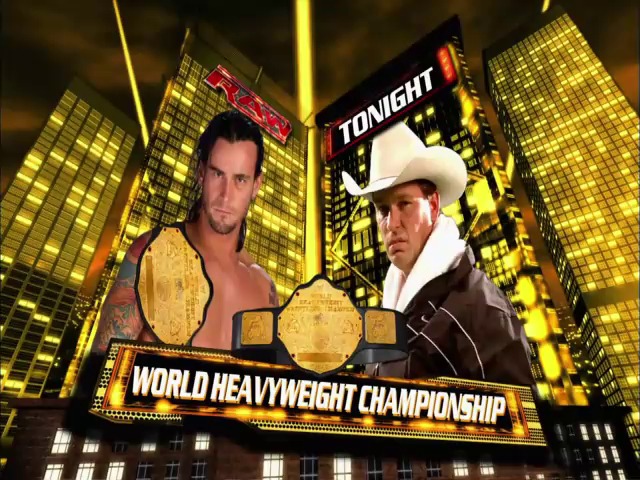 A frame from WWE Raw (June 30, 2008) at 1:03:15. A promotional graphic displays two wrestlers with championship belts against a backdrop of illuminated skyscrapers. Text reading "WORLD HEAVYWEIGHT CHAMPIONSHIP" and "TONIGHT" appears on the digital display.