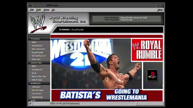 A frame from WWE SmackDown (February 4, 2005) at 24:41. A shirtless wrestler with his fist raised celebrates in the ring during WWE SmackDown, with the WrestleMania 21 logo visible in the background and promotional graphics advertising "Batista's Going to WrestleMania" and the Royal Rumble event displayed prominently.