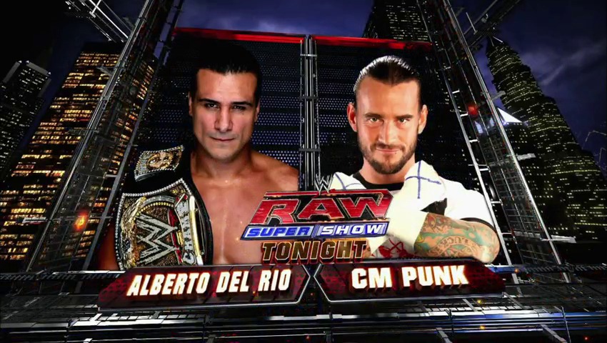 A frame from WWE Raw (October 10, 2011) at 53:09. Two wrestlers face off in a WWE Raw match graphic: Alberto Del Rio wearing a championship belt on the left, and CM Punk in white on the right, set against a nighttime cityscape backdrop with the Raw SuperShow logo displayed prominently.