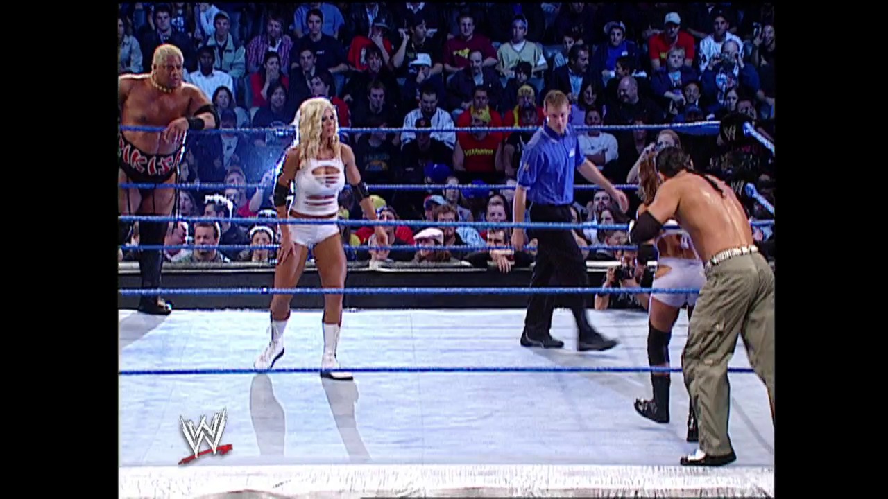A frame from WWE Raw (October 17, 2002) at 48:57. A WWE wrestling match in progress featuring two competitors in the ring with a referee present. The crowd fills the arena in the background, while the WWE logo appears in the lower left corner of the broadcast.