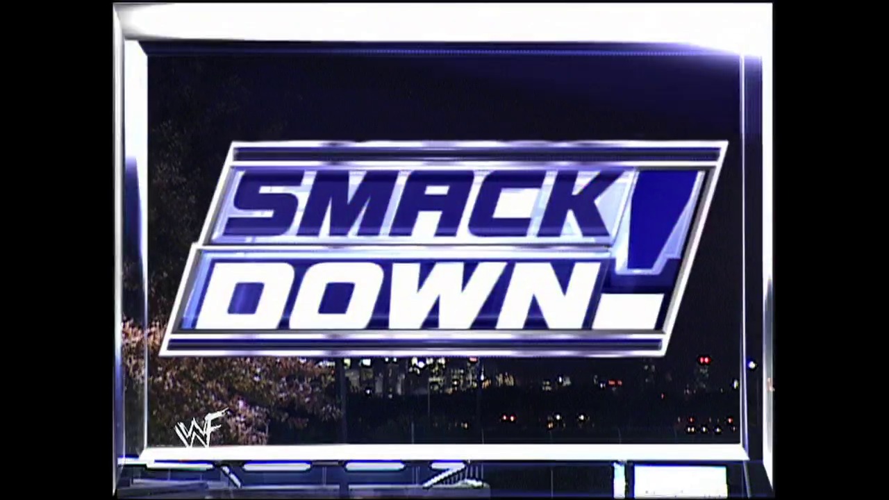 A frame from WWE SmackDown (November 8, 2001) at 50:33. # WWE SmackDown Logo Frame

The WWE SmackDown logo is prominently displayed in blue and white graphics against a dark background, with the WWF logo visible in the lower left corner and a crowded arena visible behind the text.