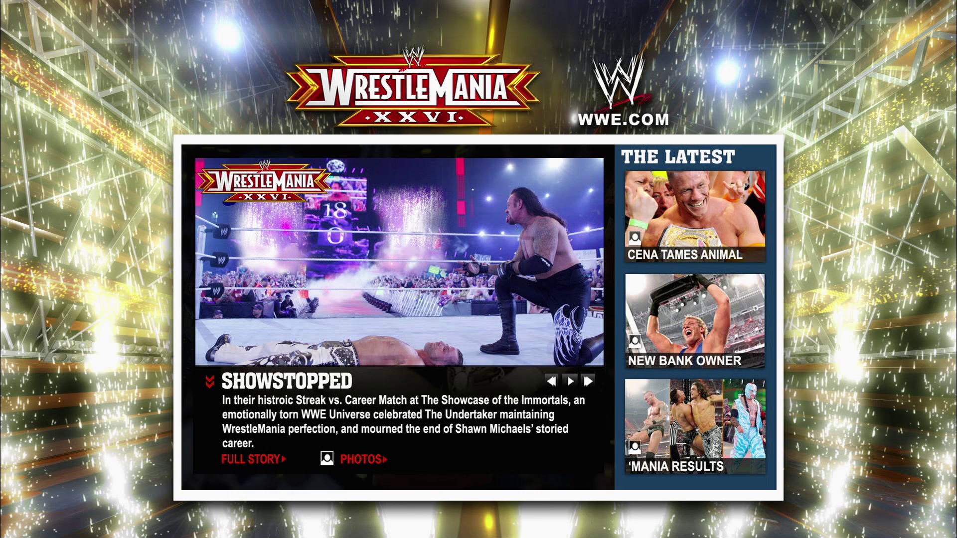 A frame from WWE Raw (March 29, 2010) at 28:03. # Visual Description

A WWE WrestleMania XXVI webpage displays a match highlight featuring a shirtless wrestler in the ring, with purple and blue lighting illuminating the arena crowd. The layout includes event branding, a featured story about "ShowStopped," and a sidebar with latest wrestling news and results.
