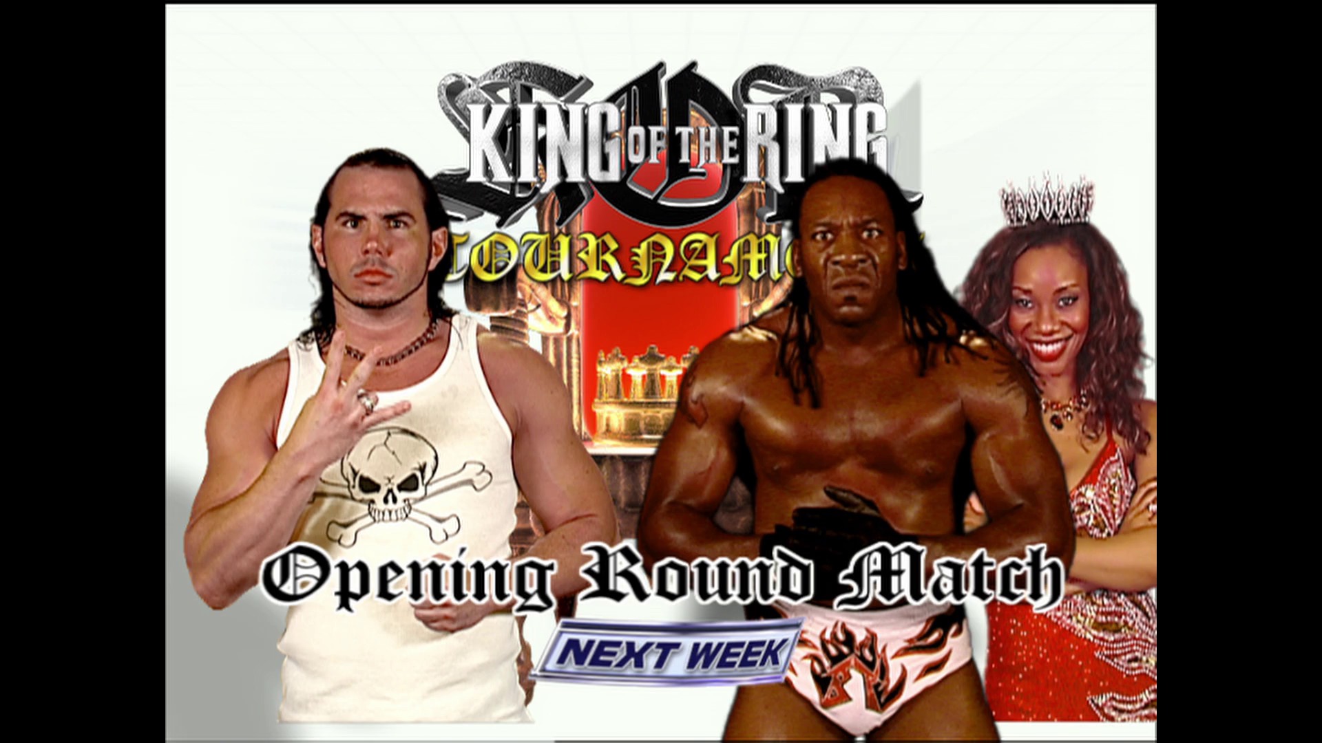 A frame from WWE SmackDown (April 14, 2006) at 1:14:04. # WWE King of the Ring Tournament Promo

A wrestling event graphic features two male wrestlers and a female performer alongside the "King of the Ring" tournament logo. Text reads "Opening Round Match" with "Next Week" displayed at the bottom, promoting an upcoming SmackDown episode from 2006.