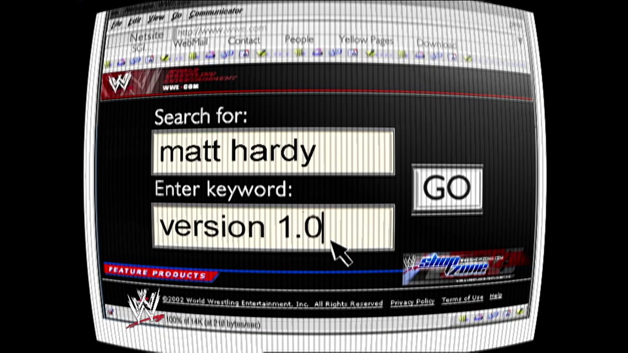 A frame from WWE SmackDown (September 25, 2003) at 12:59. A WWE website search interface from 2003 displays a search form with "matt hardy" entered in the search field and "version 1.0" in the keyword box, with a "GO" button ready to execute the search.