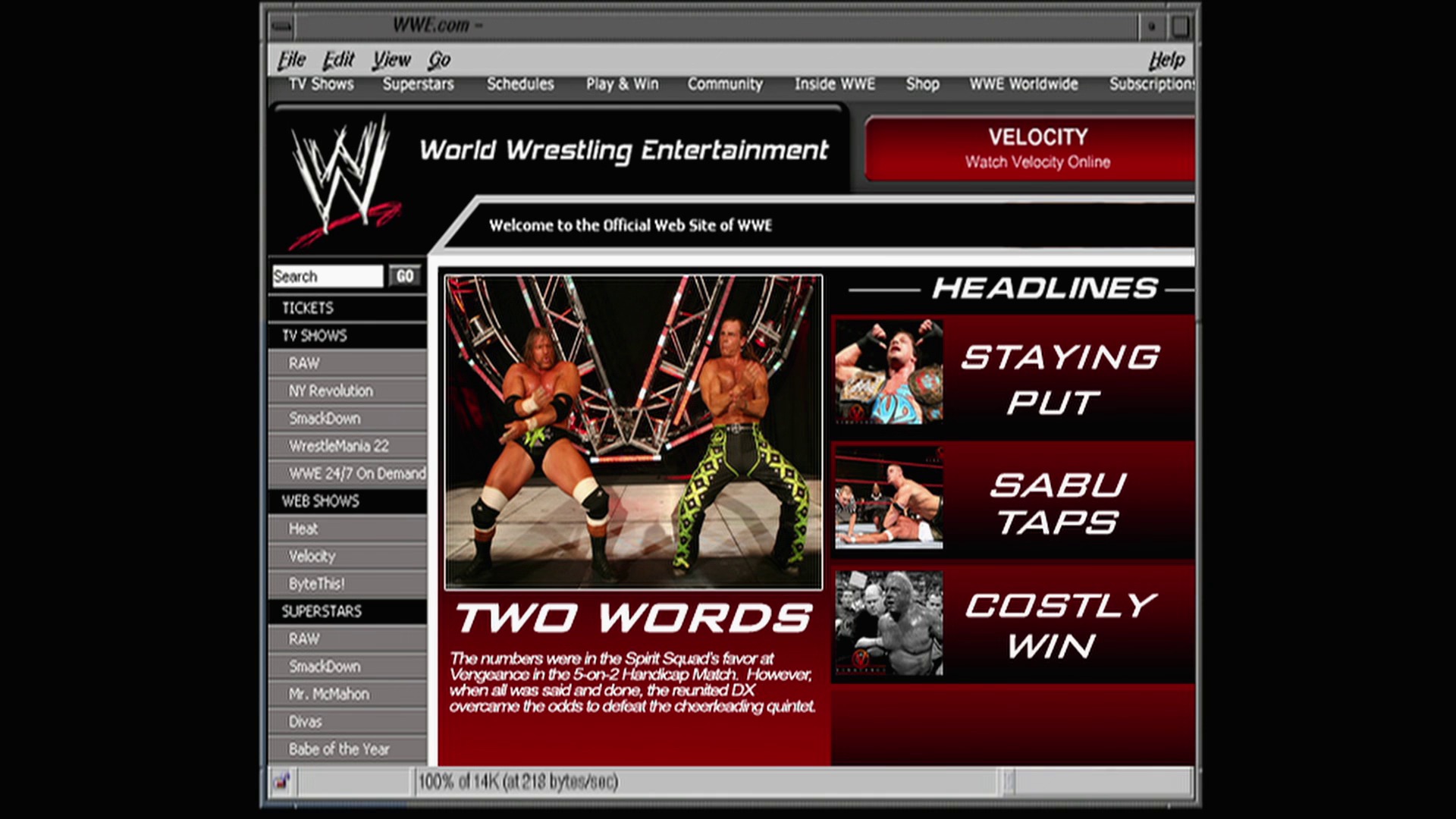 A frame from WWE Raw (June 26, 2006) at 57:31. # WWE.com Homepage Screenshot

The official WWE website displays wrestling content with the main headline "TWO WORDS" featuring two shirtless wrestlers in a ring, flanked by three news stories titled "STAYING PUT," "SABU TAPS," and "COSTLY WIN" on the right sidebar.
