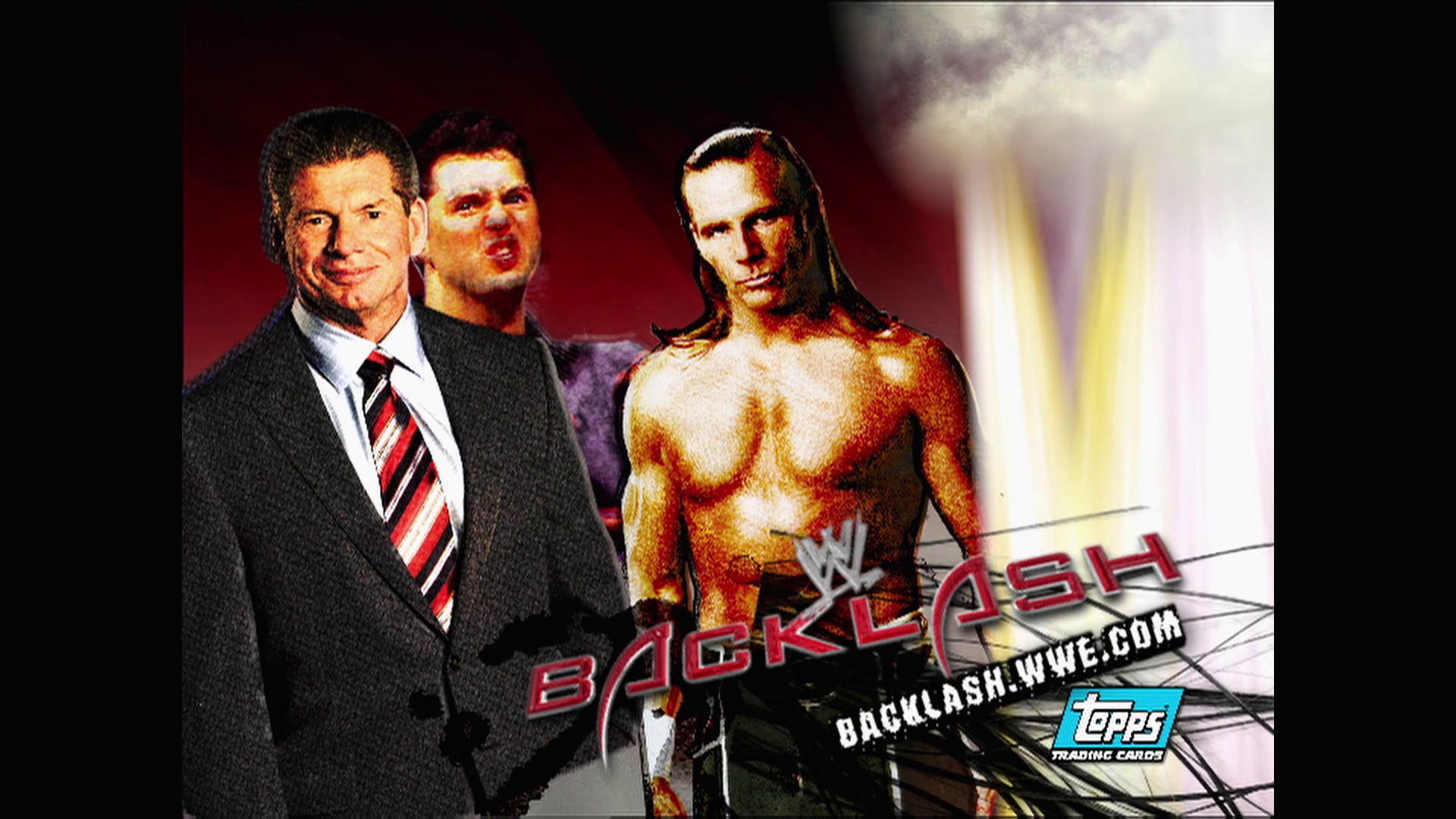 A frame from WWE Raw (April 24, 2006) at 58:53. # WWE Backlash Promotional Image

A wrestling promotional card featuring three men against a red background: two in business attire on the left and a muscular wrestler on the right. WWE Backlash branding and the Topps Trading Cards logo are visible at the bottom.