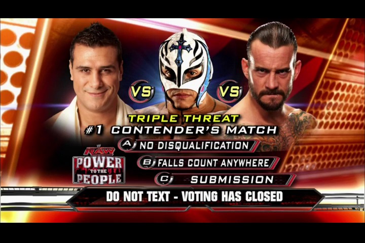 A frame from WWE Raw (June 20, 2011) at 1:16:52. A WWE Raw promotional graphic displays a Triple Threat #1 Contender's Match featuring two wrestlers flanking a masked competitor in the center, with match stipulations listed (No Disqualification, Falls Count Anywhere, Submission) and "Power to the People" voting graphics visible.