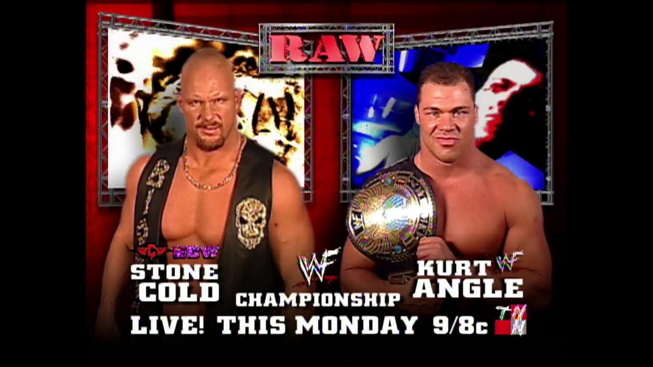 A frame from WWE SmackDown (October 4, 2001) at 1:30:32. A WWE RAW promotional graphic features Stone Cold Steve Austin (left) and Kurt Angle (right) facing off for a Championship match, airing live Monday at 9/8c on MTV.