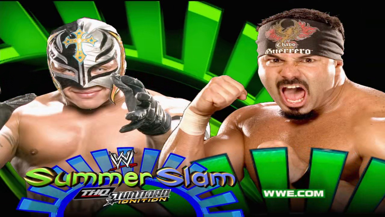 A frame from WWE Raw (August 20, 2007) at 1:16:46. Two professional wrestlers pose against a bright green background with WWE SummerSlam branding. The left wrestler wears an ornate silver and gold mask, while the right wrestler sports a black headband and displays an aggressive expression, with "WWE.COM" visible in the corner.